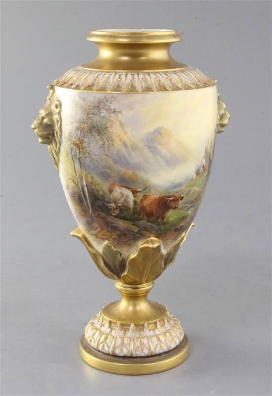 A Royal Worcester vase, painted with Highland cattle by John Stinton, date code 1922, height 23.5cm